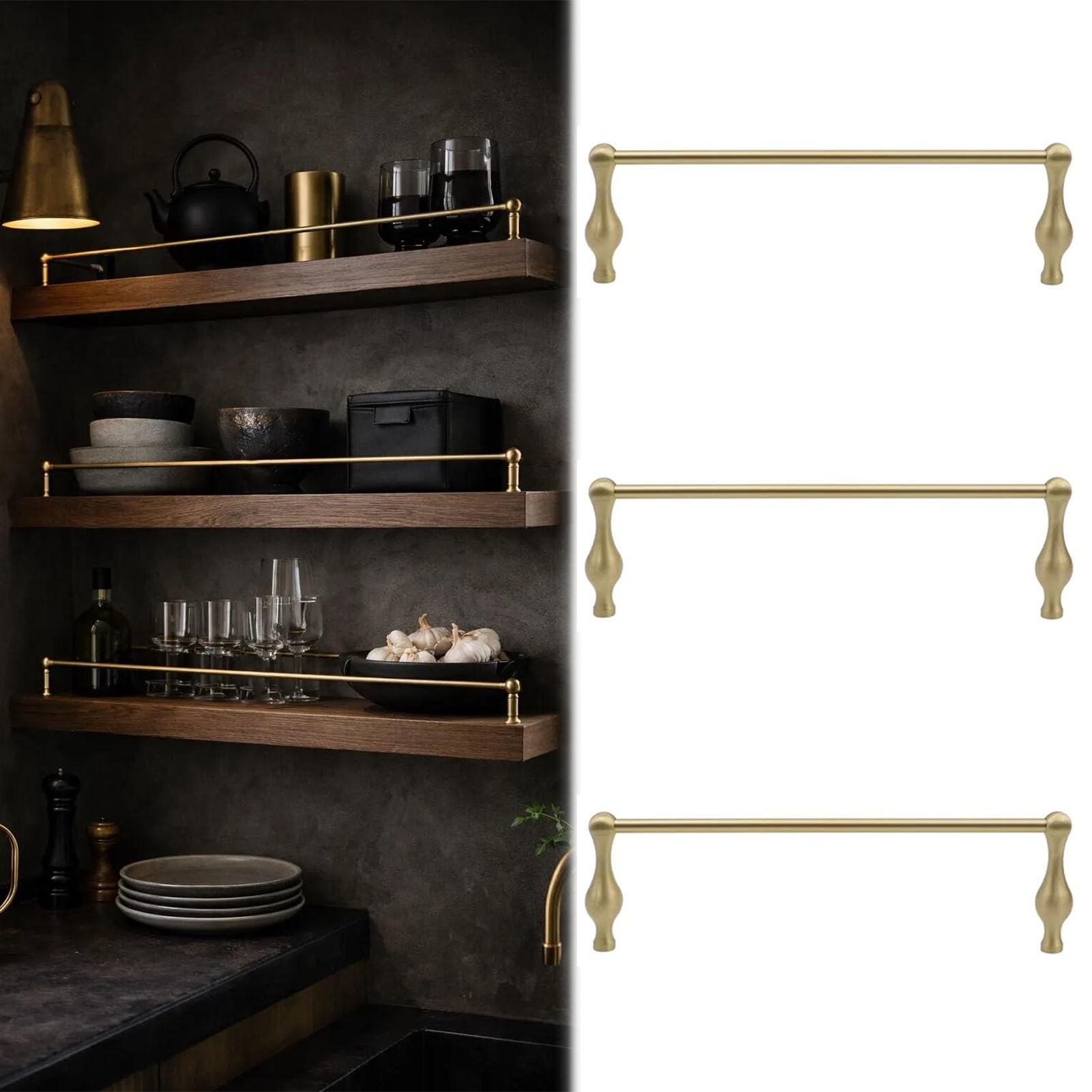 MESCXTY Set of 3 Long Brass Railing for Kitchen Shelves, Anti-Fall Cabinet Metal Guardrail Bars, Decorative Shelf Rail Fence Pole with 2 Spindles(Style A,24in/61cm)