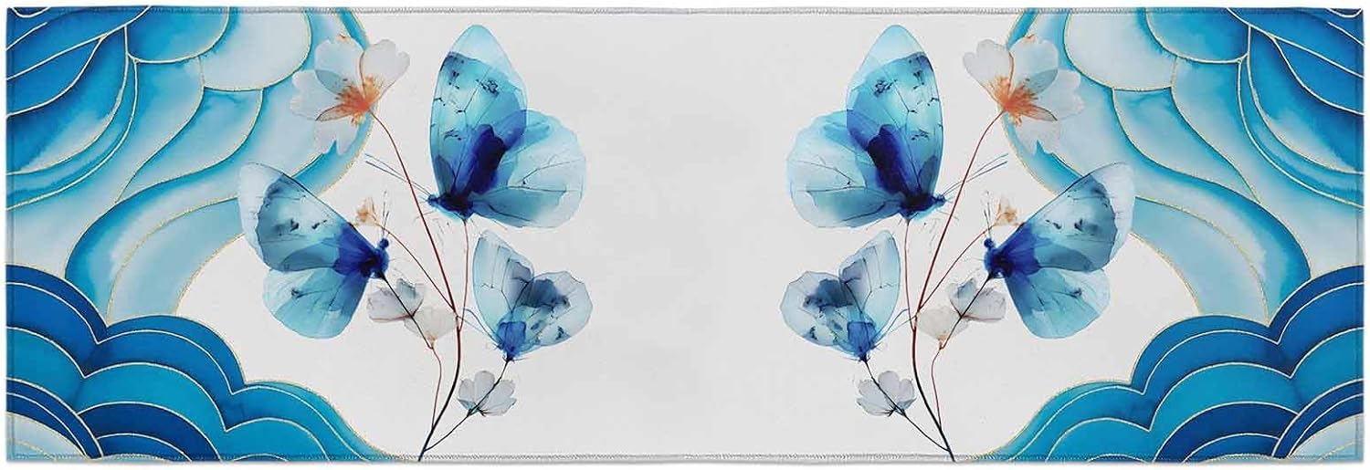 Teamery Kitchen Mats for Floor Watercolor Flower Butterfly Washable Non Slip Kitchen Rugs 1PCS, Abstract Ocean Wave Stripes Absorbent Standing Mats for Sink Bathroom Office Living Room 23.6x70.9in