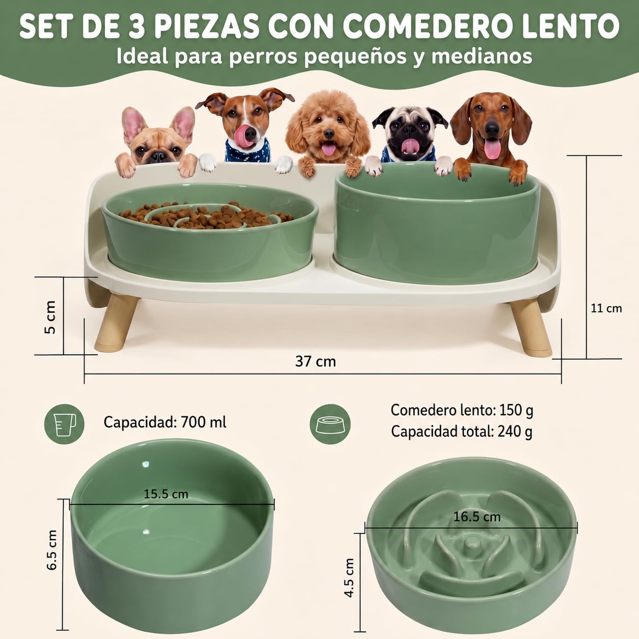 Cuencos elevados de alimentación lenta para perros, juego de cuencos de cerámica para alimentos y agua con soporte, platos elevados para mascotas para perros pequeños y medianos