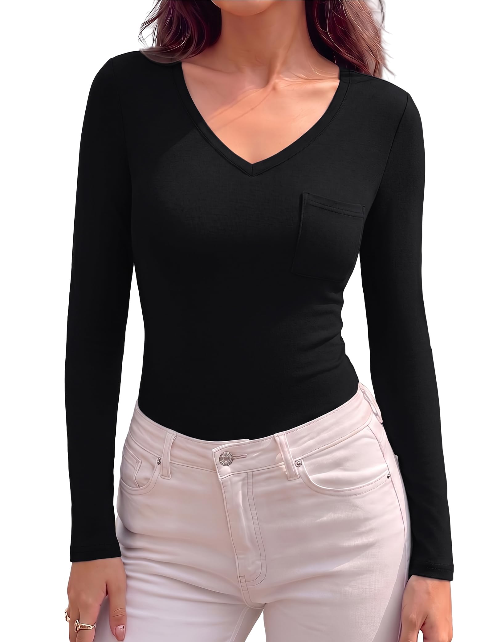 Aottori Langarmshirt Damen V-Ausschnitt mit Brusttasche Basic Shirt Langarm | Oberteile, Tops, Stretch, Slim Fit, Leicht, Casual, Elegant, Einfarbig, Herbst Frühling, für Alltag Freizeit Büro