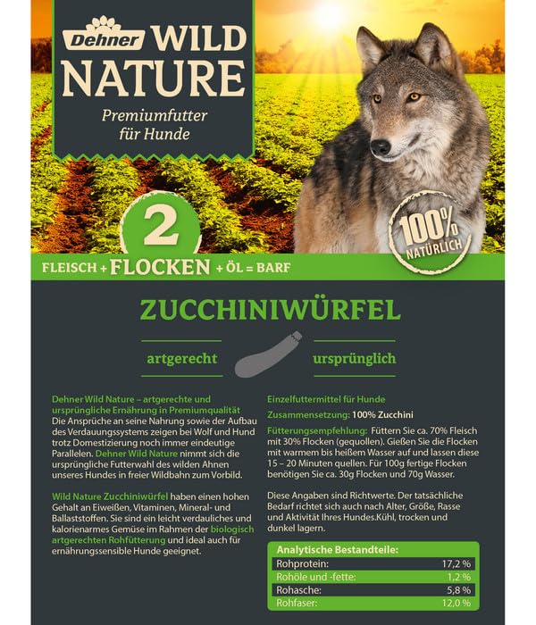 Dehner Wild Nature Hundefutter Flocken-Mix, Trockenfutter getreidefrei, BARF-Ergänzungsfutter, für ausgewachsene Hunde, 100% Zucchini, 700 g