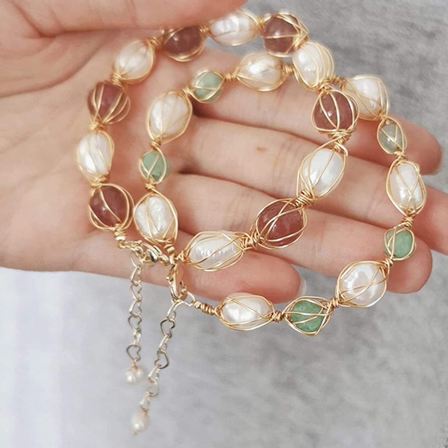 Cuerda de mano, cuentas de pulsera Pulsera de cuarzo de fresa natural Pulsera de perlas blancas de agua dulce Pulsera for mujer Pulsera de cristal de cuarzo de chakra Pulsera de piedra de nacimiento P