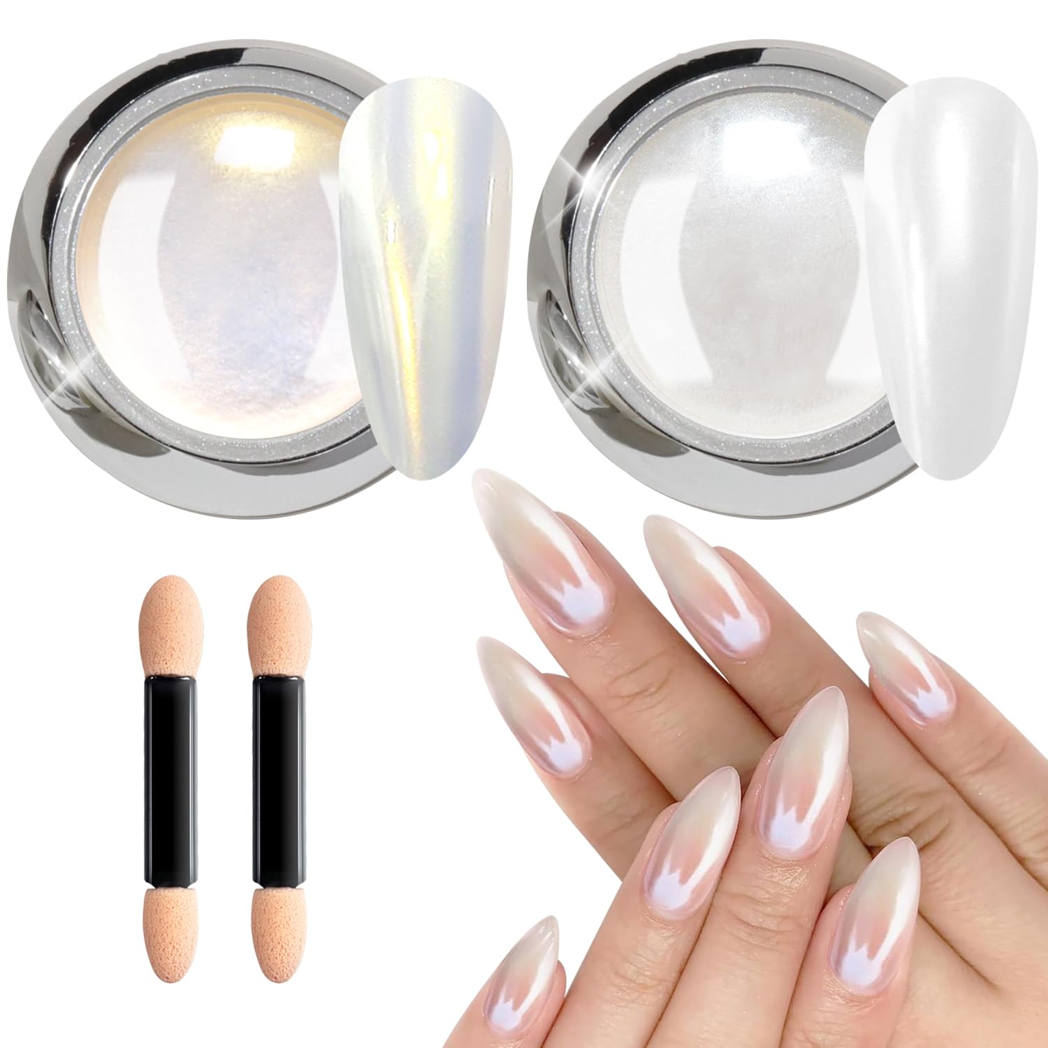 Photo 1 of **MISSING BRUSHES***Pearl Chrome Nail Powder BISHENGYF:?Super Mirror Effect?White Pearl Chrome Nail Powder Ice Transparent Aurora Chrome Nai l Powde r for Nails Art DIY
