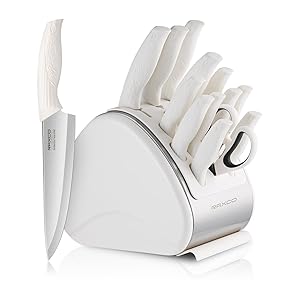RAXCO Knife Sets for Kitchen with Block,15-Piece German Stainless Steel Kitchen Knives for Professional Cutting,White