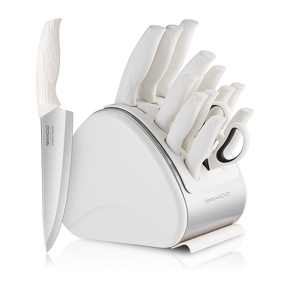 RAXCO Knife Sets for Kitchen with Block,15-Piece German Stainless Steel Kitchen Knives for Professional Cutting,White