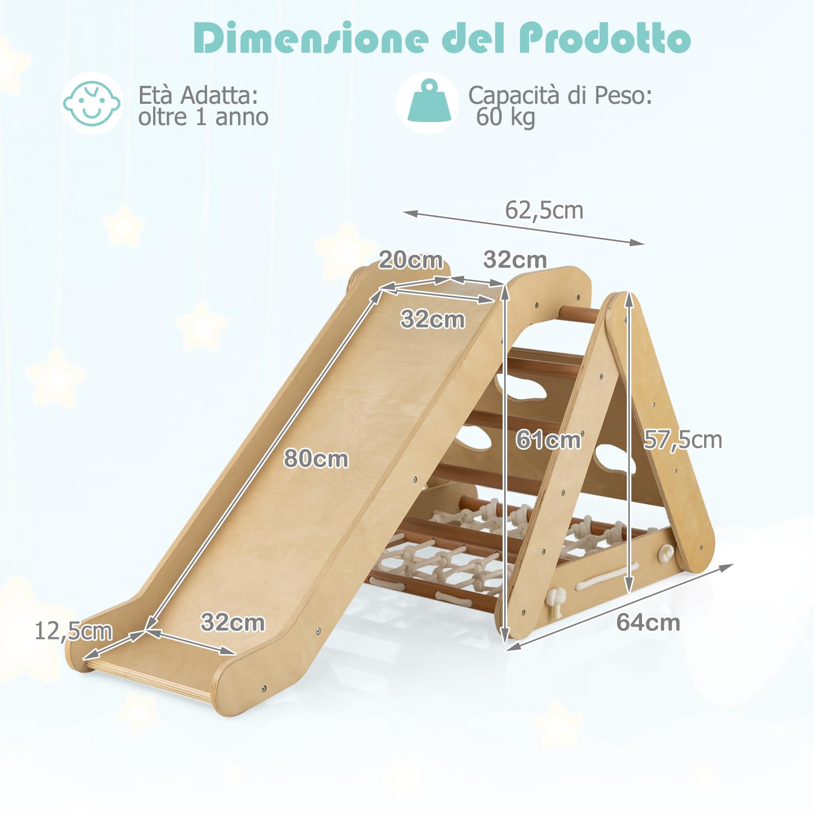GYMAX 3 in 1 Scala di Arrampicata per Bambini, con Rete di Arrampicata, Tavola e Scala di Arrampicata e Scivolo, Struttura a Triangolo in Legno per Uso Interno (Naturale)