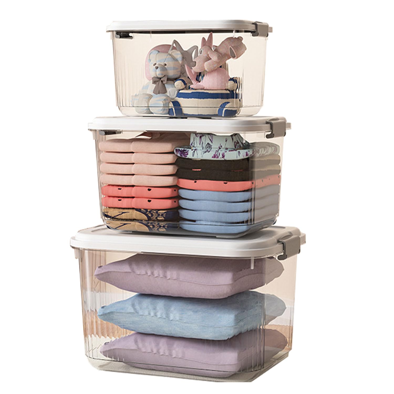 LAOMI Transparent Storage Box, Thickened Three Sizes Organiser, Home Bedroom Clothes Toys Storage Organiser With Handle And Lid, Stackable, Nestable, 3 Sizes Fitted