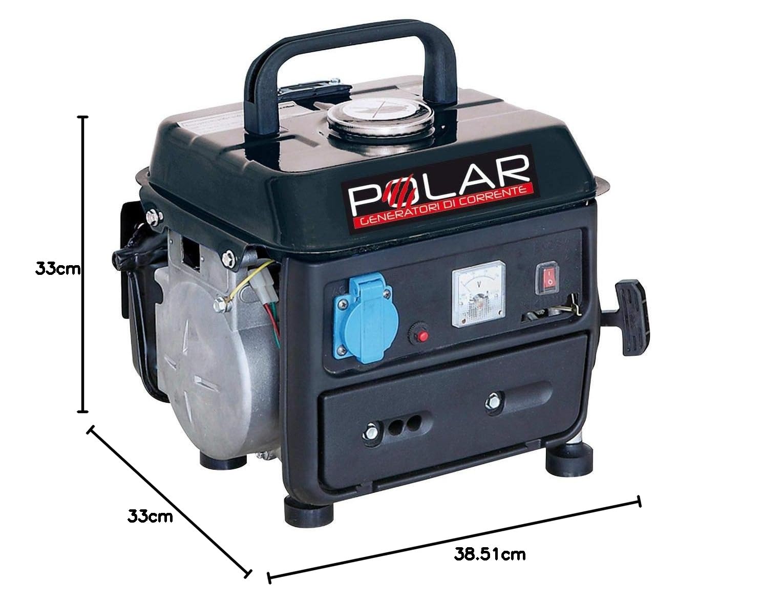 GENERATORE DI CORRENTE 2T 220V. POTENZA 07/08 KW 1 PRESA 220V. + 12V. AVVIAMENTO MANUALE. CAPACITA SERBATOIO LT.4.2 2HP DIM.38.5 X 33 X 33 MISCELA 2% POLAR ARTICOLO 67104L VINCO