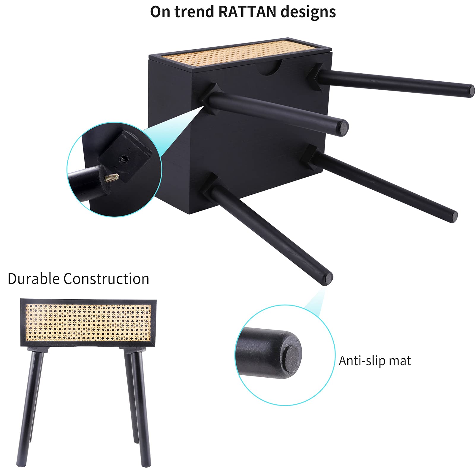 Rattan Rustic Nightstand with Drawer(No Assembly Required), MidCentury