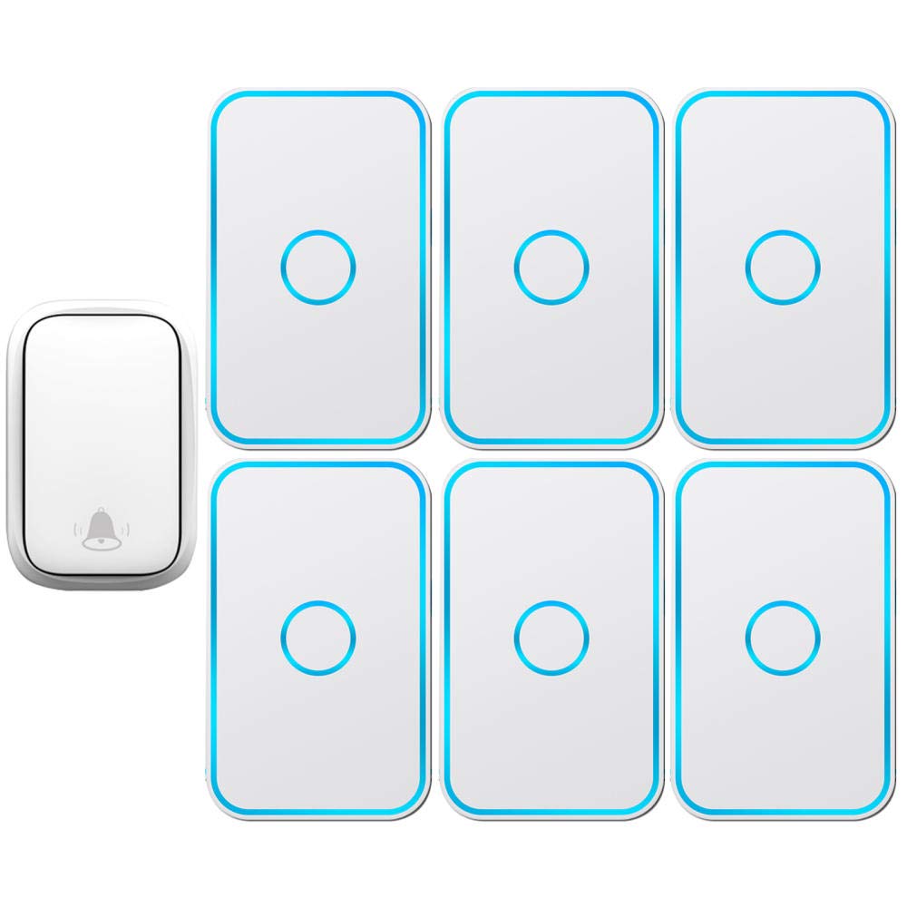 『No requiere batería』Timbre inalámbrico IP55 resistente al agua, kit de timbre de puerta con 1 receptor enchufable y 2 transmisores autoalimentados de prensa, rango de trabajo de 656 pies (200 m), 6