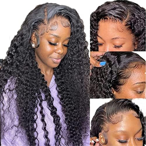 Brazilian Deep Curly Transparent Lace Front Wigs Wet Wavy Human Hair 13x4 Ear To Ear Lace Frontal Wigs Deep Curly Wave Wig For Black Women With Baby Hair Pre Plucked 100% Unprocessed Virgin Hair Natural Black