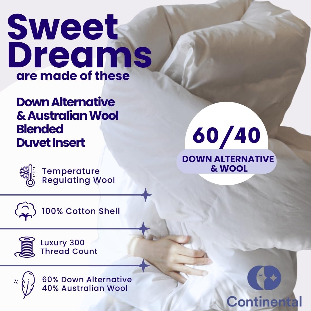 Continental Bedding Wool and Down Alternative Blend Comforter - Full Size Duvet Insert - 37oz - 300TC - 76x86 inch