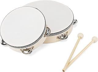 CHUIFAI Pack of 2 Wooden Tambourine, 6 Inch and 8 Inch Handheld Tambourine Wooden Hand Drum with Mallet, Percussion Tambourine Instrument for Rhythm Learning, Performance