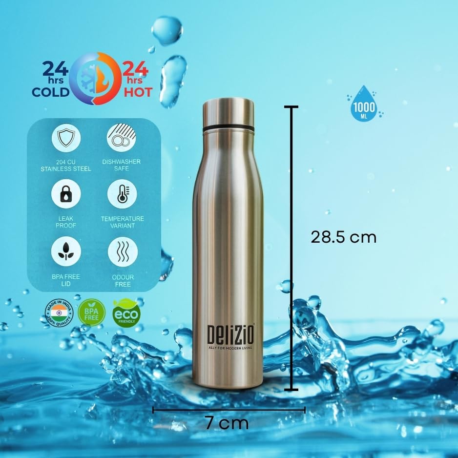 Image of KEMP DELIZIO Edition Stainless Steel Fridge Water Bottle 1000 ML | 1 L | Single Walled | Office | Gym | Travelling | Leak Proof LID | ECO Friendly | BPA Free | for Adult, Kids (COLA-4 Pack)