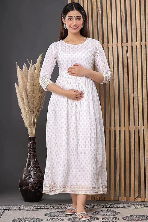 Image of Vinny's Creation Women's Cotton Maternity Kurti | Floral Printed Feeding Kurta with Hidden Zipper | Stylish Pregnancy Gown & Nursing Dress for Womens