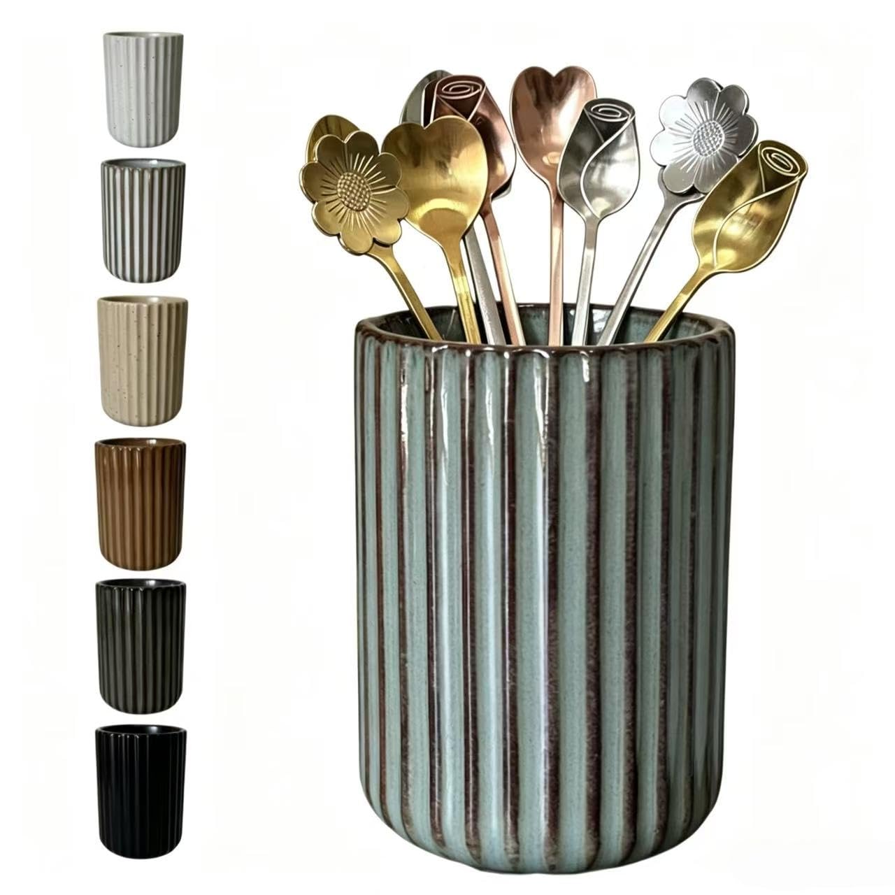 TOPYOKK Stoneware Coffee Bar Utensil Holder Tea & Coffee Spoon & Stirrer Holder for Stir Stick Straw Teaspoon Holder Espresso Spoon Cup Small Utensil Jar Fluted Vertical Stripe (Concrete Grey)