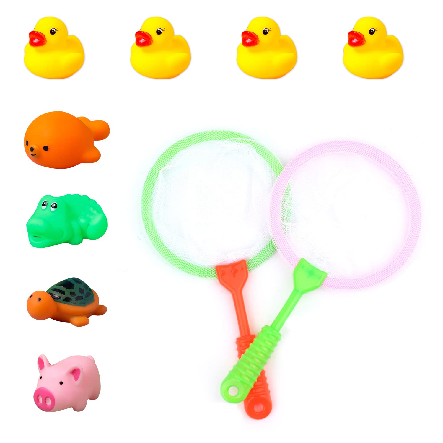 Juego de Juguetes de baño con 2 Herramientas de Red de Pesca y 8 minianimales de Goma para Juegos de Piscina, Juguetes de Agua, Regalos para niños y niñas