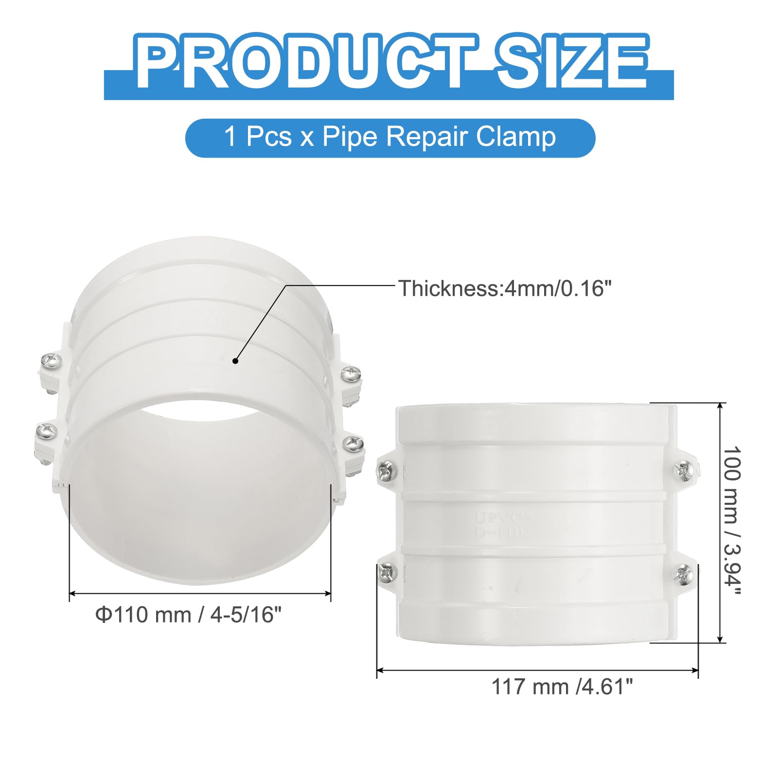 PATIKIL 4-5/16" Water Pipe Repair Clamp PVC Leak Sealer for OD 110mm PE/PPR/Pipes and Plumbing (Length 3.9 Inch), White - Image 2