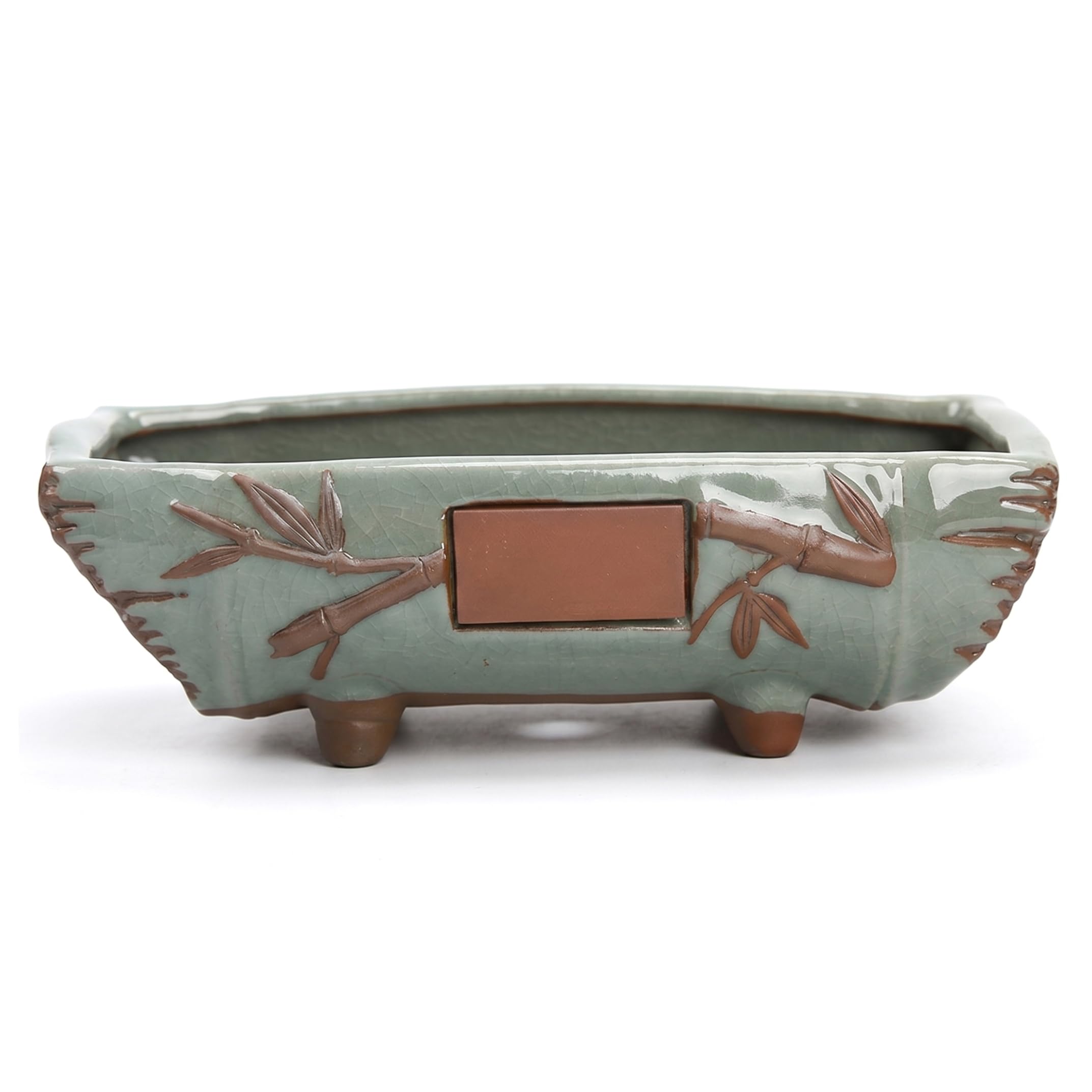 Perodlly Bonsai Pot, Rectangular Ceramic Shallow Plant Pot Root-Control Design for Succulents & Small Greens, 10×3.5×2.4 Inch.