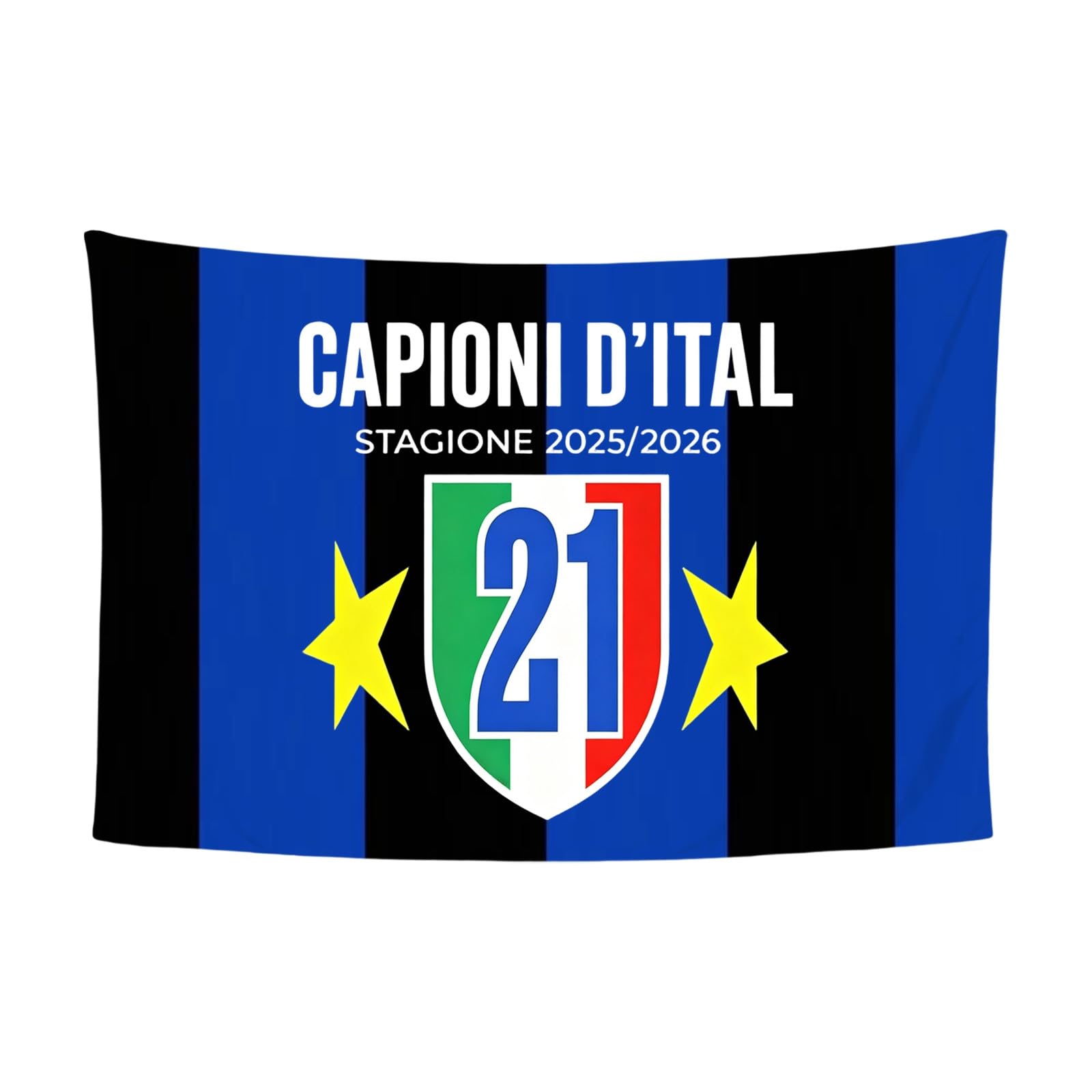 Bandiera 21 Scudetto Nero Azzurra, Scialle Stendardo Campioni d'Italia 2025/26, Sciarpa Coperta per Tifosi, Dimensione 90x150 cm, Decorazione Stadio e Accessorio per Partite