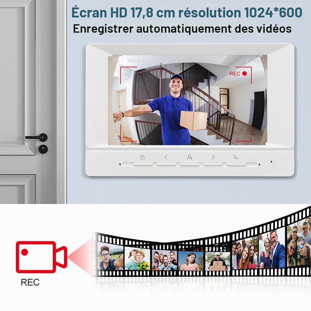 Téléphone de Porte Vidéo du Système d'intercom WiFi 1080P HD Sonnerie Vidéo de Caméra avec 2 Moniteurs 7 Pouces, Vision Nocturne IR, Audio Bidirectionnel, Enregistrement, APP Tuya