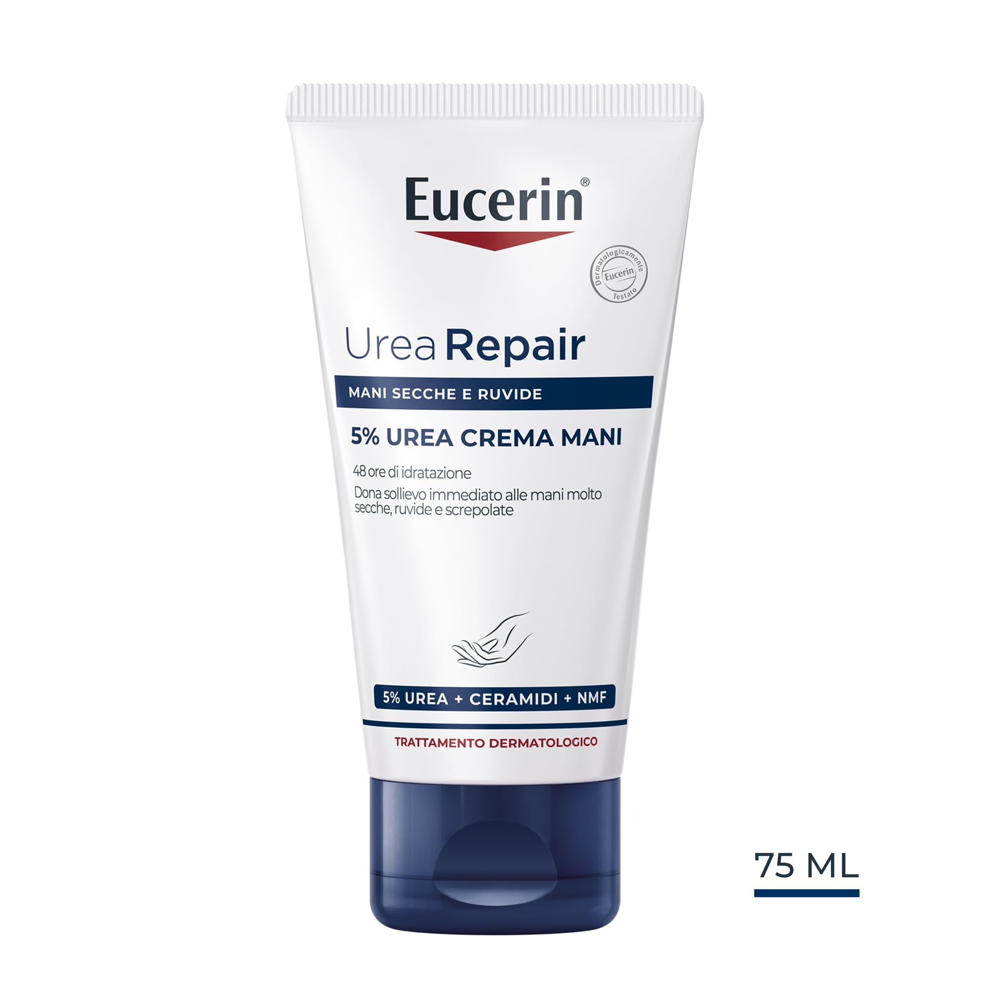 Eucerin Urea Repair Crema Mani Rigenerante 5% 75 ml, Crema mani riparatrice e idratante 48h, Formula con Urea al 5% e Ceramidi per un sollievo immediato della pelle secca e screpolata