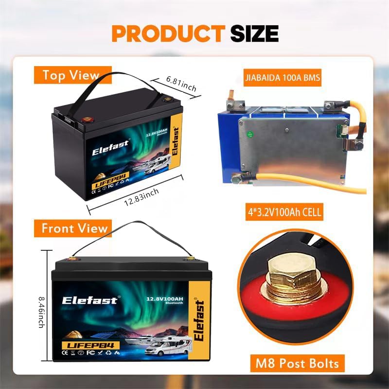 Elefast Lifepo4 battery dimensions and M8 terminal bolts