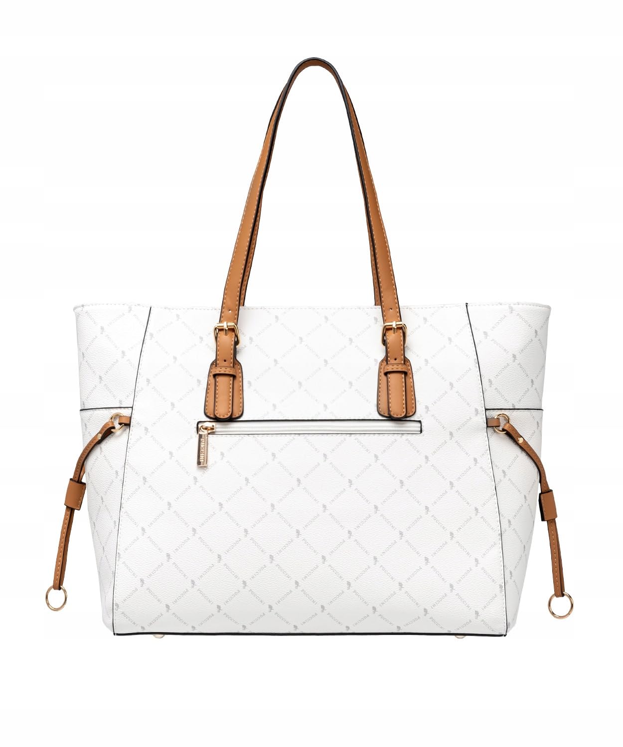 PUCCINI Damska Torebka Shopper, Biała, Duża Mieści A4, Skóra Ekologiczna, Elegancka, Monogram, Z Uchwytami na Ramię, Złote Detale