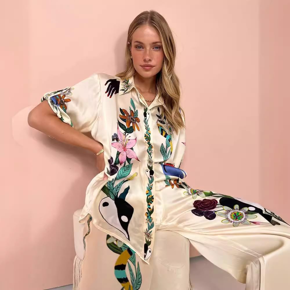 2-teiliges Boho-Outfit für Damen, Sommer, lässig, Graffiti-Druck, passendes Set, kurze Ärmel, Button-Down-Shirt und Hose mit Taschen, hawaiianische Loungewear