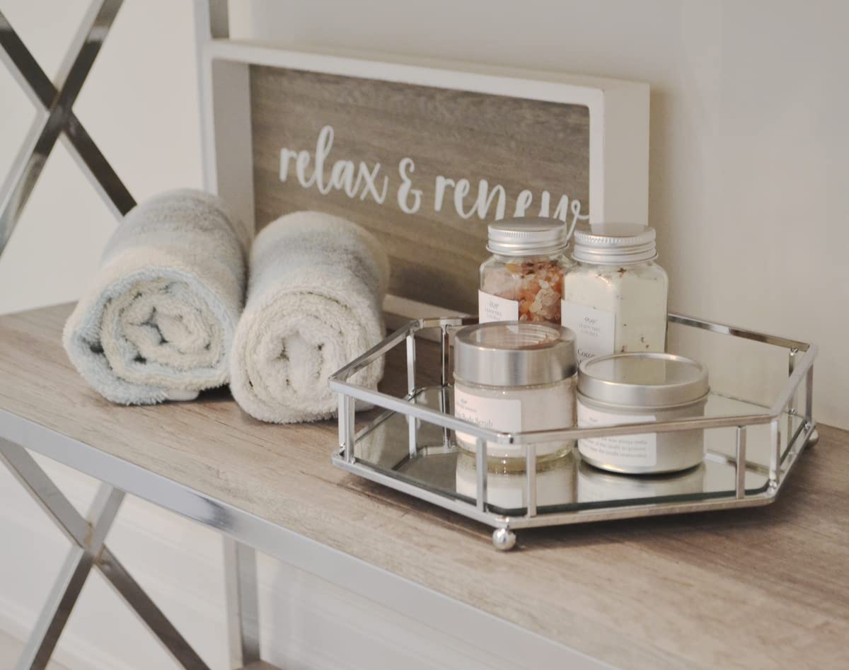 AQ Organizational Geometric Mirrored Home Storage Tray for Vanity, Dresser, Bathroom, or Kitchen Counter, Shelves Hold Beauty Products, Makeup, Perfume, Toiletry Items, Nail Polish, etc. - Chrome