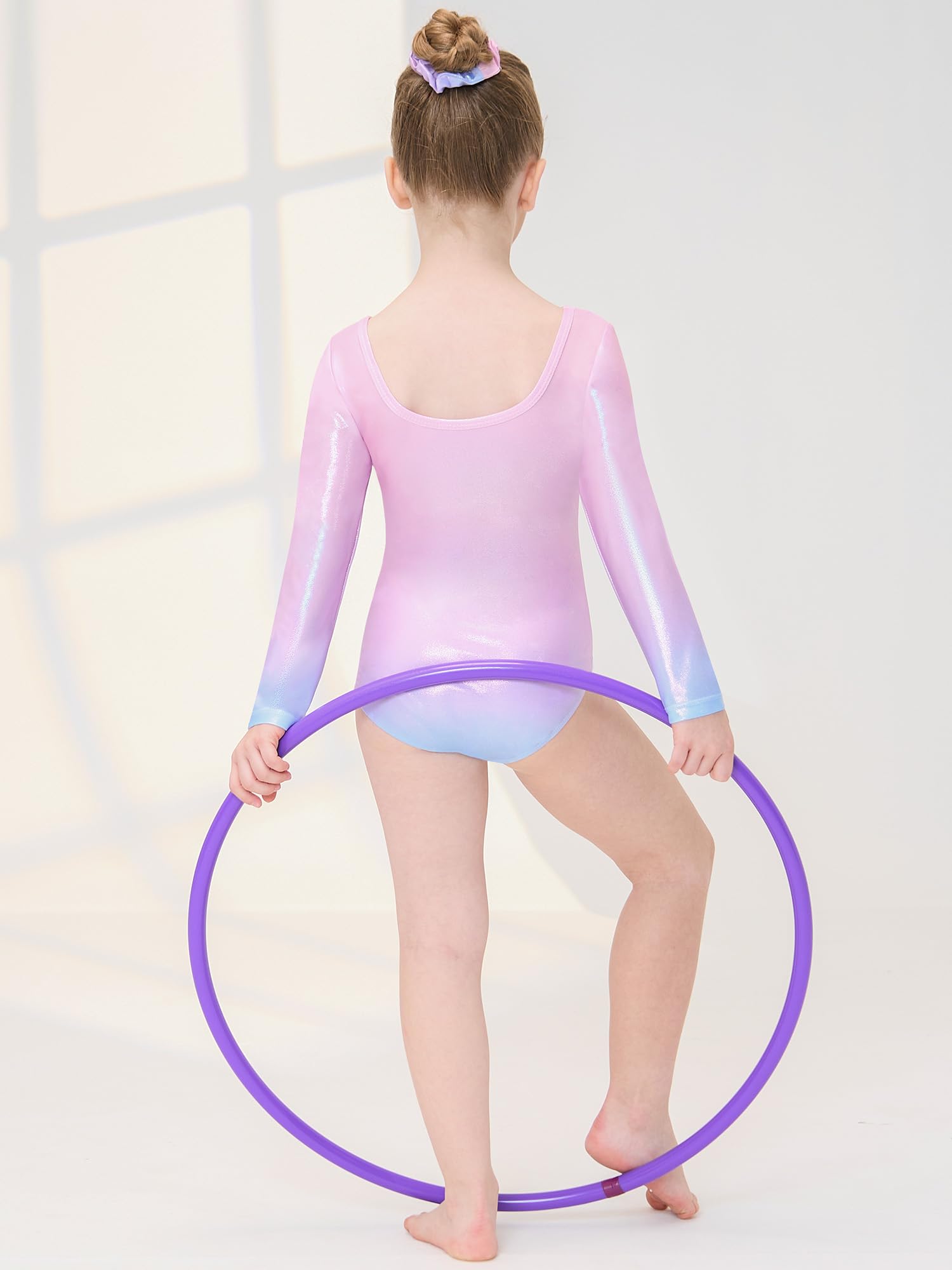 Gogokids - Conjunto de gimnasia de tres piezas para niñas, conjunto de gimnasia de manga larga con pantalones cortos y banda, leotardo de baile brillante con diseño de color degradado para 3-12 años