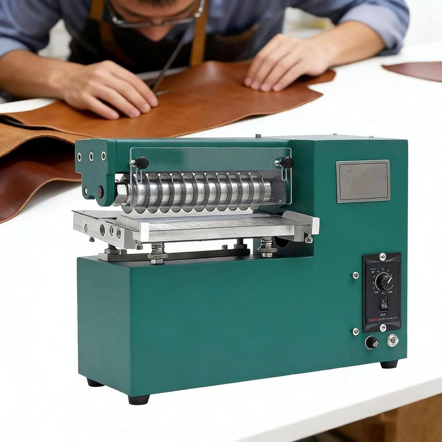 TozMvi Electric Leather Slitting Machine with Foot Switch, 90W 1600 RPM Electric Leather Cutter, Adjustable Speed Leather Strap Splitter Skiving Machine for Leather, Fabric, Rubber