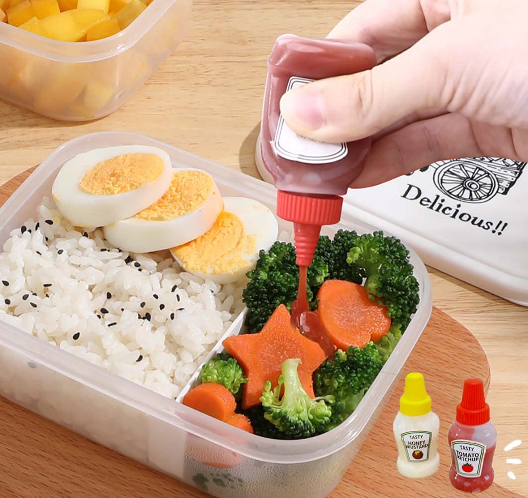 Mini botellas exprimibles para condimentos con cepillo de limpieza, 0.8 onzas líquidas, a prueba de fugas, mini botellas de salsa de tomate rellenables/salsa de soja/miel/aderezo para 3
