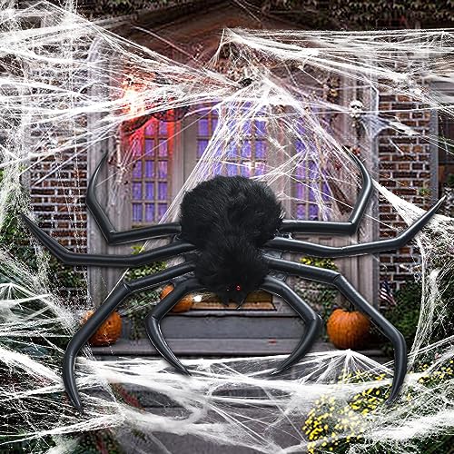 Nadmuchiwany pająk na Halloween | Owłosiony Czarny Gigantyczny Pająk Dekoracje Zewnątrz | Dekoracja pająka dmuchanego do wnętrz/na zewnątrz | Rekwizyty na HalloweenCzarny88