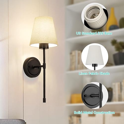 Miniatura 2 de ShineTech Wall Sconces Set of 2, Retro Industrial Bathroom Vanity Sconces, Linen Fabric Shade, Hardwired Wall Mounted Lamps for Bedroom Living Room