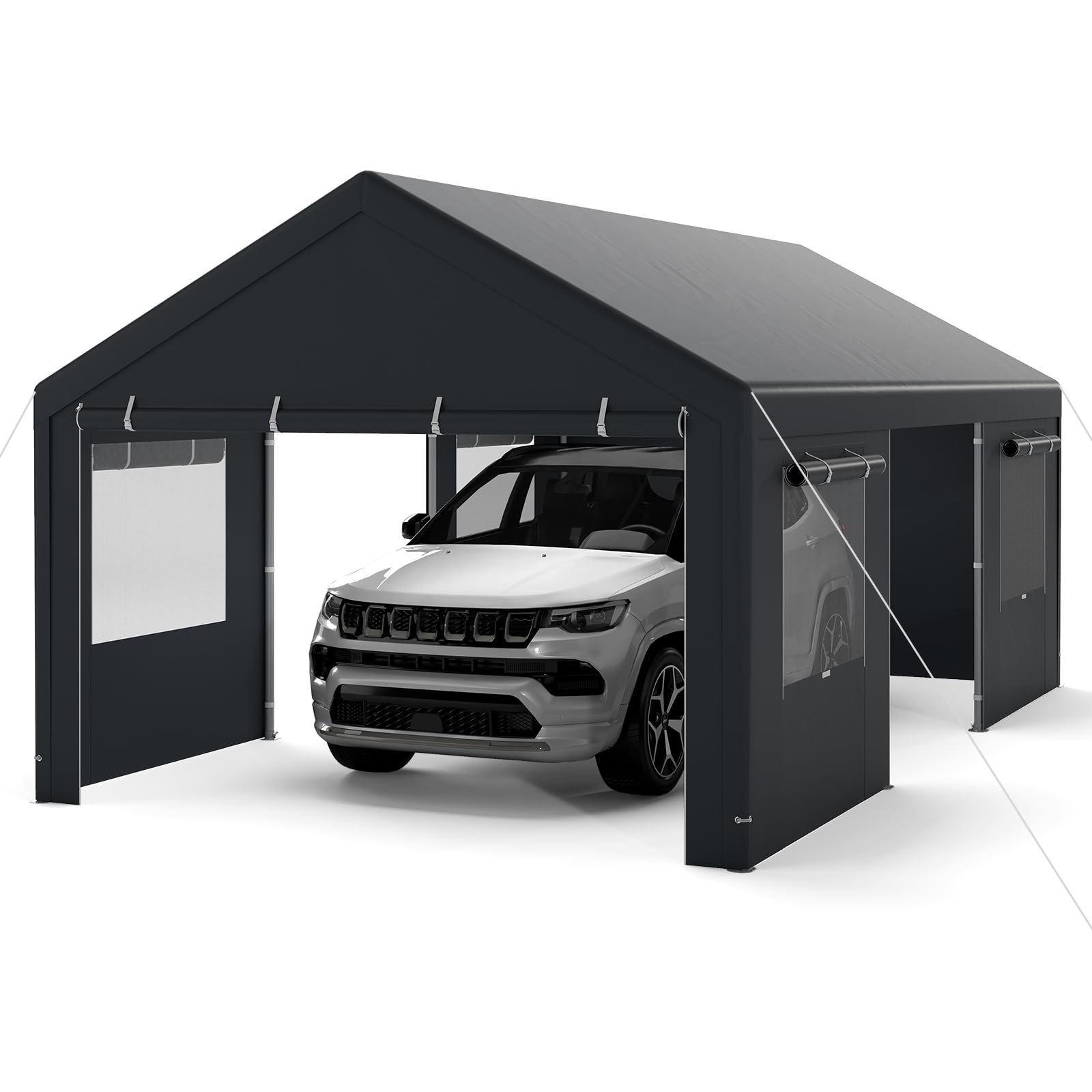COSTWAY Zeltgarage Carport, 600 x 363 cm Garagenzelt Winterfest, Lagerzelt mit abnehmbaren Seitenwänden, Rolltüren & belüfteten Fenstern, Weidezelt Unterstand für Auto, SUV, LKW, PKW (Grau)