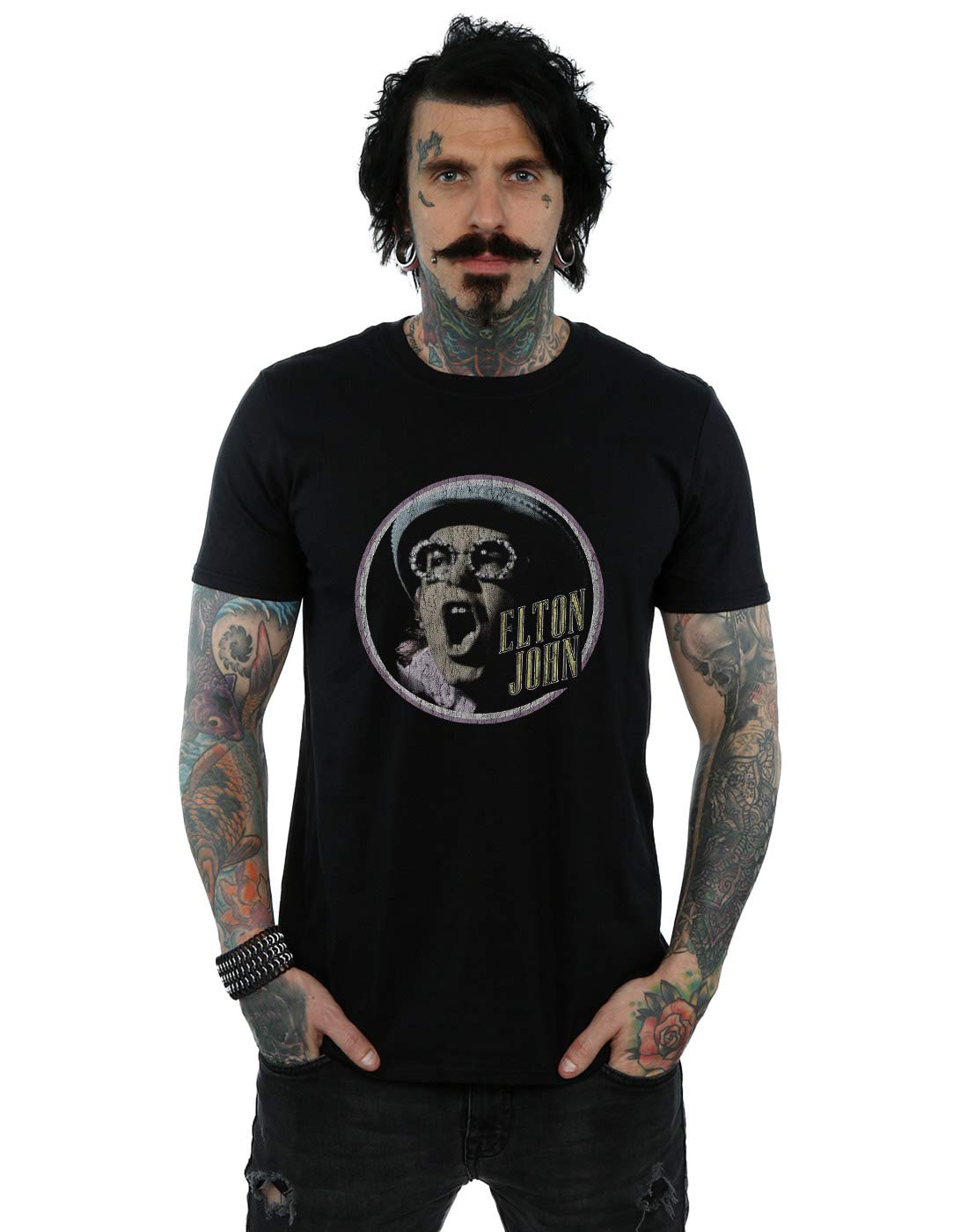 Absolute Cult Men's Black Elton John Vintage Circle T-Shirt Large