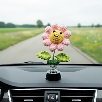 Handmade Crochet Flower Bobblehead for Car Dashboard Decorations,Cute Shaking Flower Car Decor & Home Desk Ornament,Unique Dashboard Gifts for Women Pink