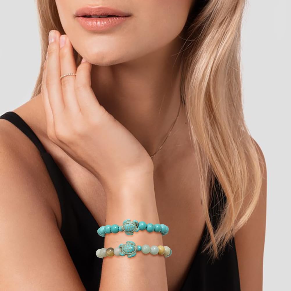 2 Pieces Beads Bracelets for Women Natural Stone Bracelet Turquoise Turtle Bracelet Adjustable Stretch Beaded Bracelets - Image 2