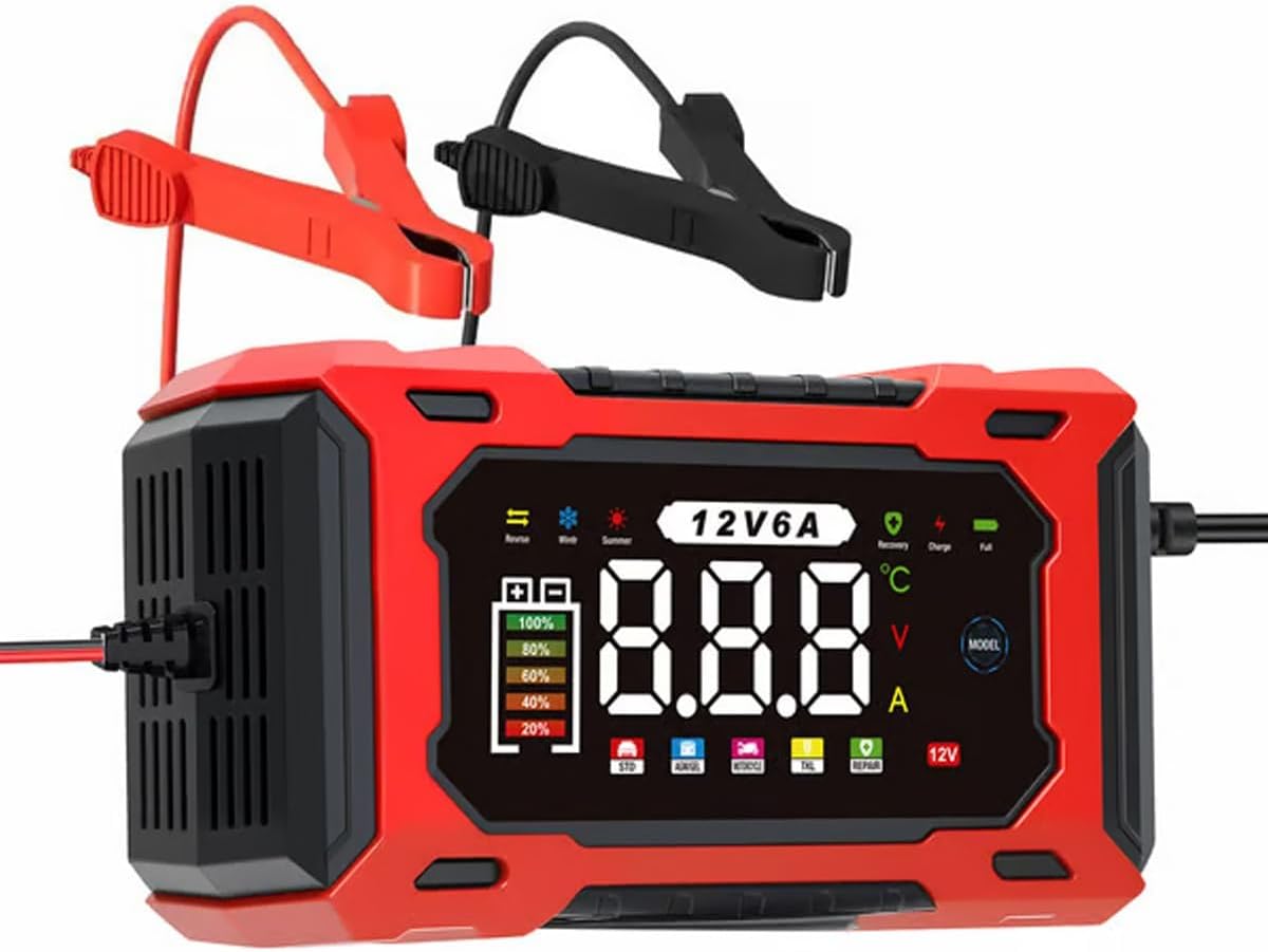 Cargador de batería inteligente para automóvil de 12 V/24 V, mantenedor de batería inteligente completamente automático y cargador lento con pantalla LCD, modo de reparación para automóvil, camión, motocicleta, cortacésped, barco (rojo)