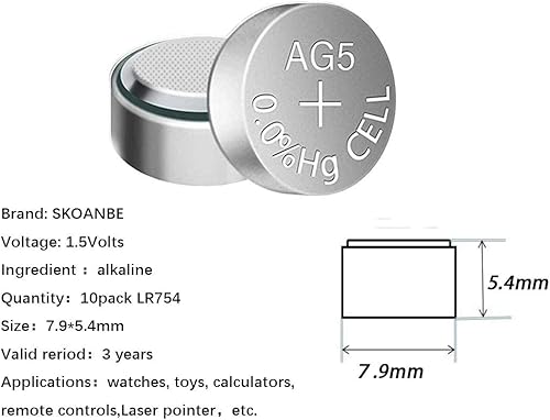 Miniatura 2 de SKOANBE Baterías de botón de reloj LR754 309393 ag5 1.5V para láser (paquete de 10)
