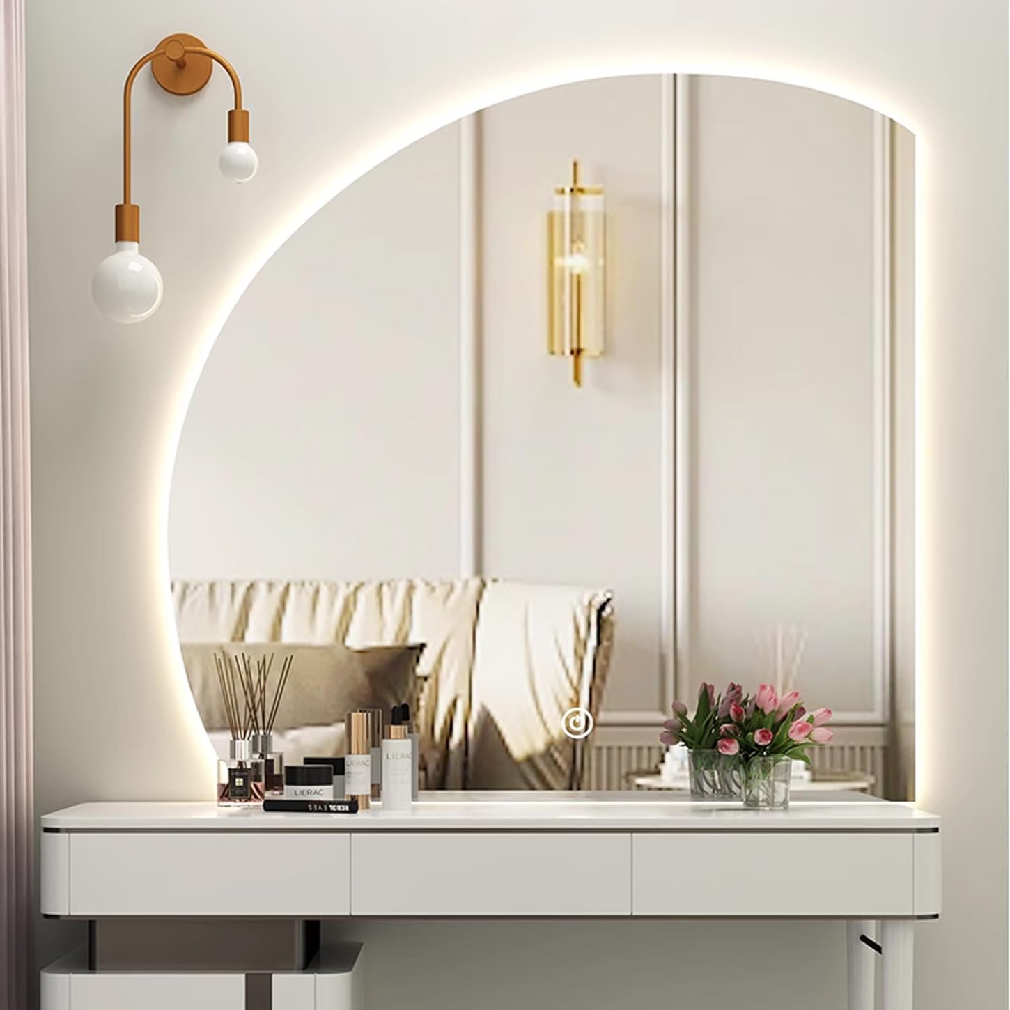 BKSXSOP Half Circle LED Lighted Bathroom Mirror - 40in Dimmable 3-Color Backlit Makeup Vanity Mirror, Frameless Semicircle Design for Fog-Free Dressing (Right Undercut)