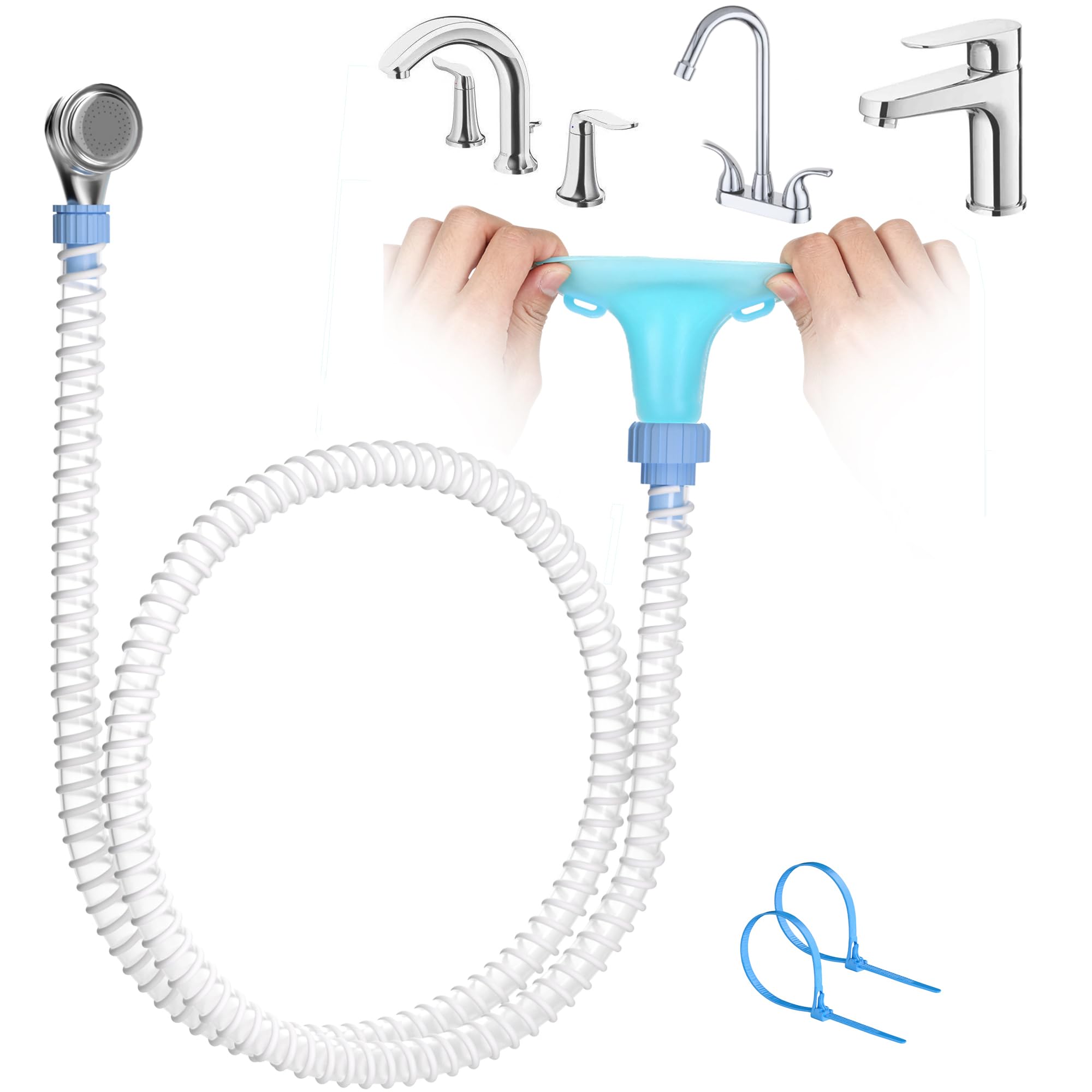slip-on dog shower attachment for bathtub faucet, ear-tab zip-tie connector, handheld sprayer head, 6 ft hose, fits spouts up to 3 in