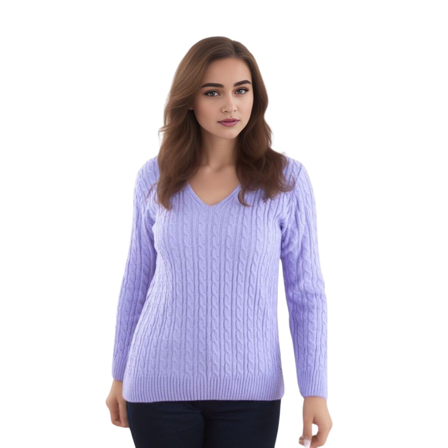 WearAll Women's Plus Cable Knitted Long Sleeve V-Neck Sweater Top Ladies Stretch Jumper - Lilac - 16-18