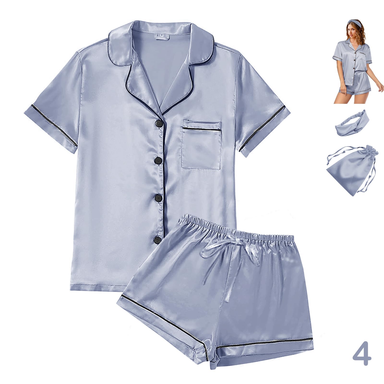 4Pcs Womens Satin Silky Pajama Sets Short Sleeve Shirt XS-4XL Floral Pajamas Set Soft PJ Loungewear Sleepwear