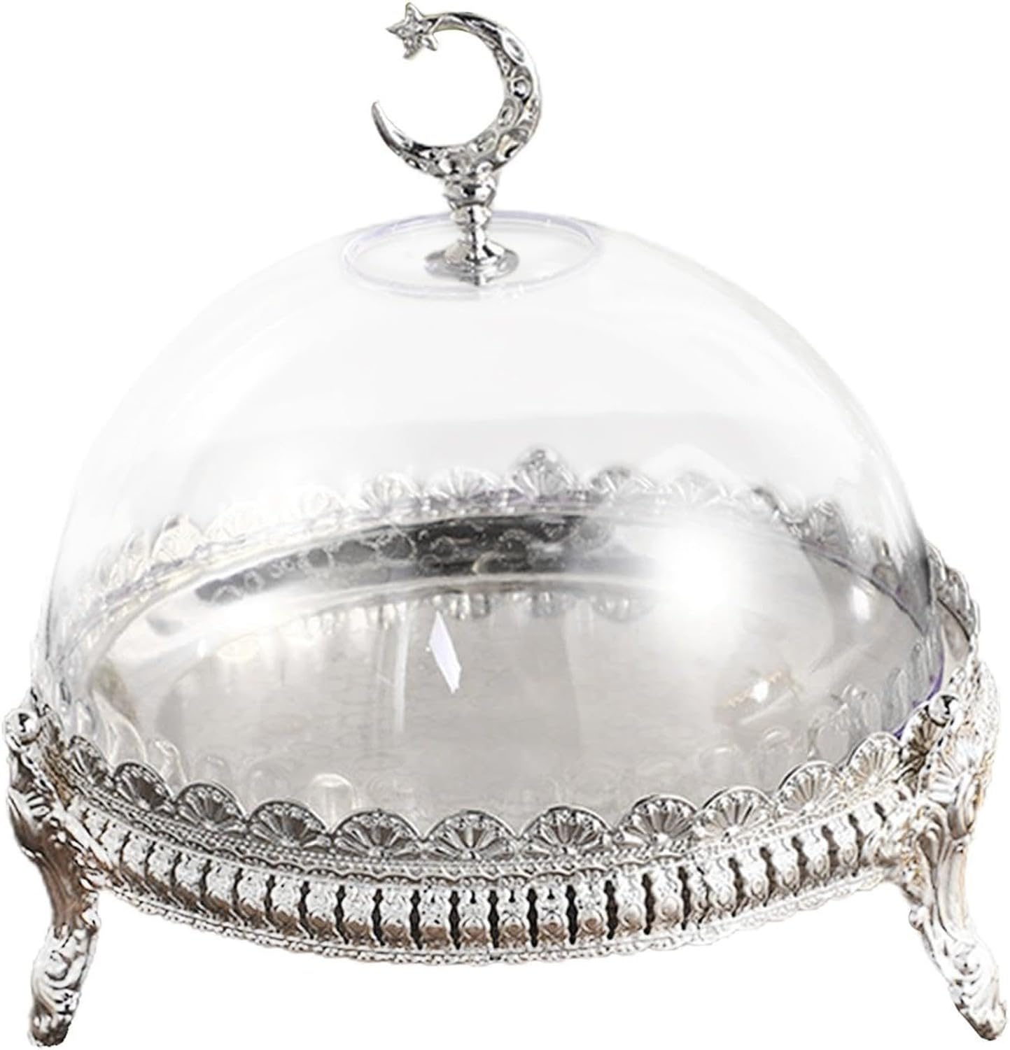Présentoir à Gâteau avec Couvercle Plateau à Cookies Décoratif Plat de Service pour Fêtes Mariage Anniversaire Événements Festifs, Silver