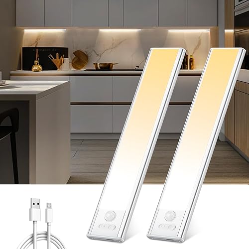 Luz LED para debajo del gabinete, luces con sensor de movimiento, 3 colores intercambiables, luz nocturna inalámbrica recargable por USB, armario de