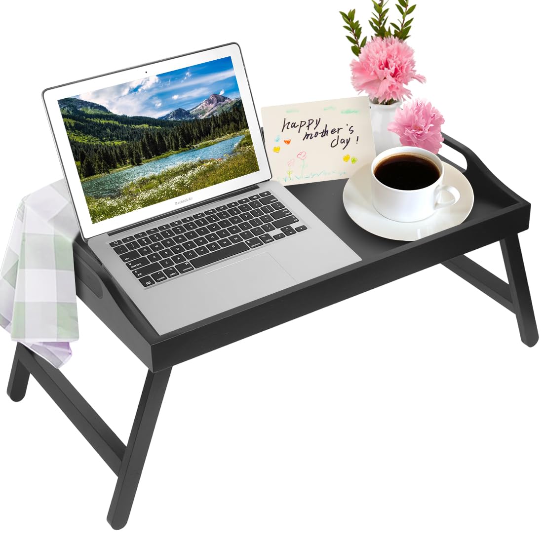 Artmeer Bamboo Bed Tray Table with Folding Legs, Phone/Tablet Holder, Foldable Breakfast Table, Laptop Desk (Black, Medium)