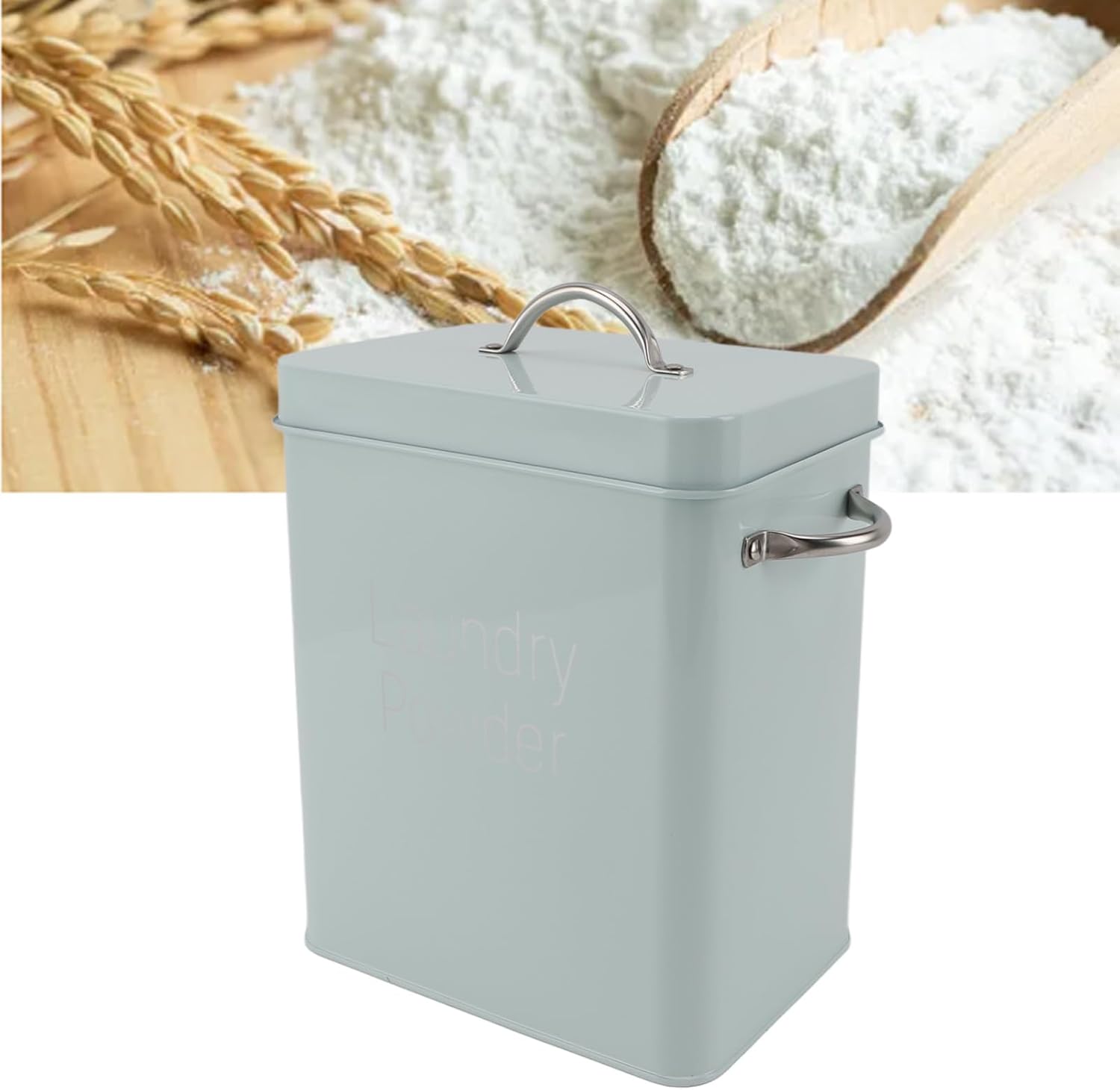 Metal Laundry Detergent Container, Laundry Pods Container with Spoon and Lid, Soap Pod Holder Storage Bin for Washing Powder Rice Dog Food (Light Green)