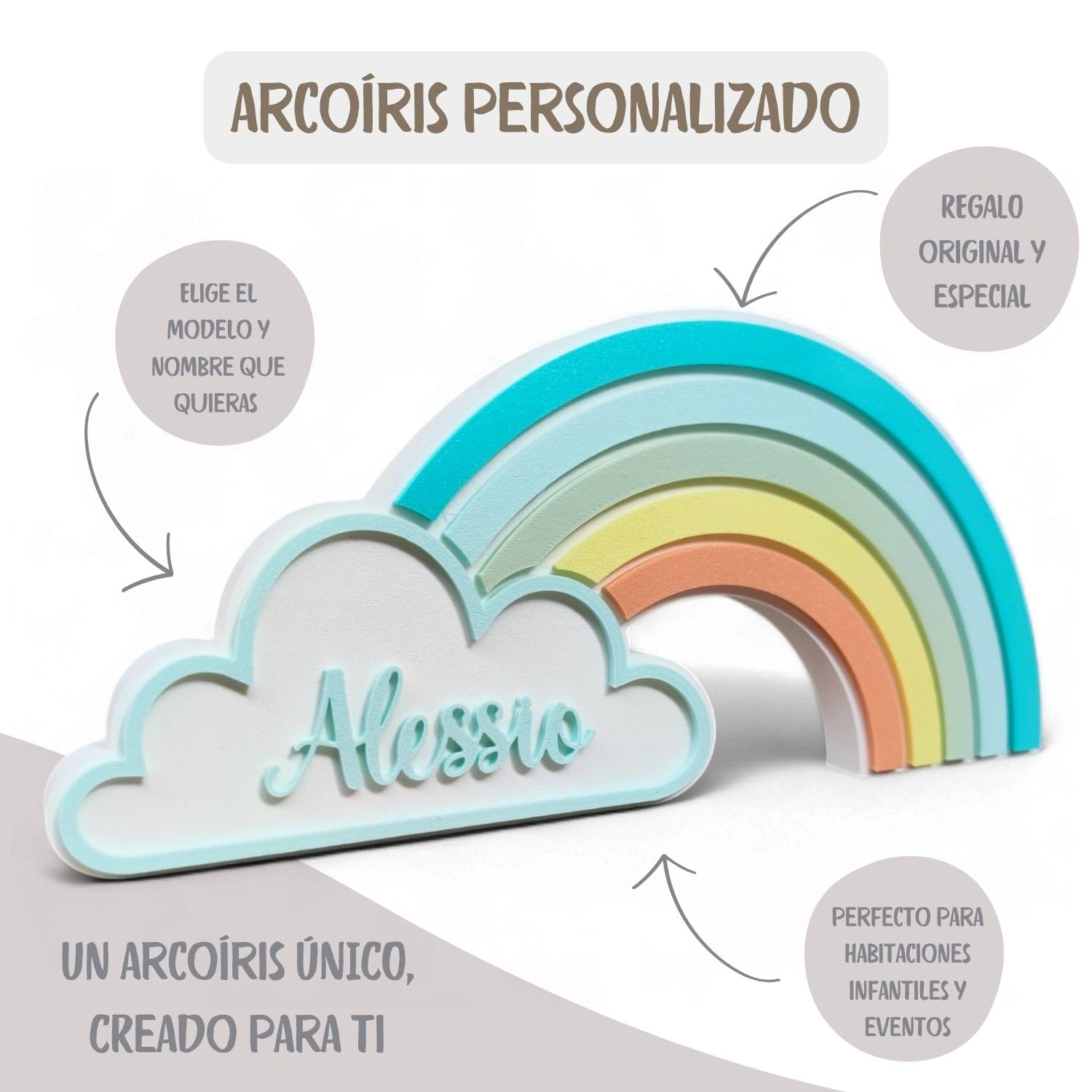 Arcobaleno con nome personalizzato. Diversi modelli tra cui scegliere. Regalo per neonati e bambini. Decorazione per baby shower e caramelle, per la cameretta dei bambini e la cameretta